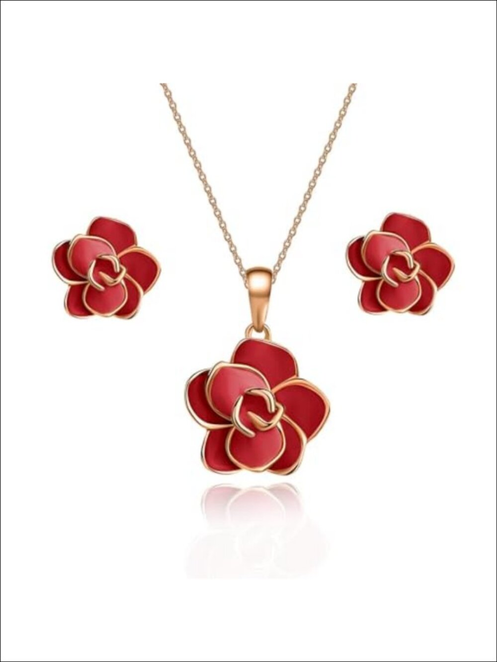 18K Gold Plated Rose Flower Necklace Earrings Set Hypoallergenic